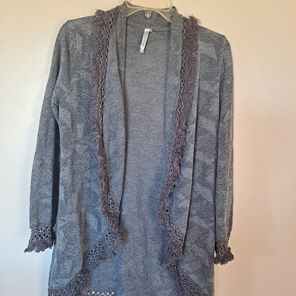 Motel Rocks Gray Open-Front Knit Cardigan with Crochet Trim